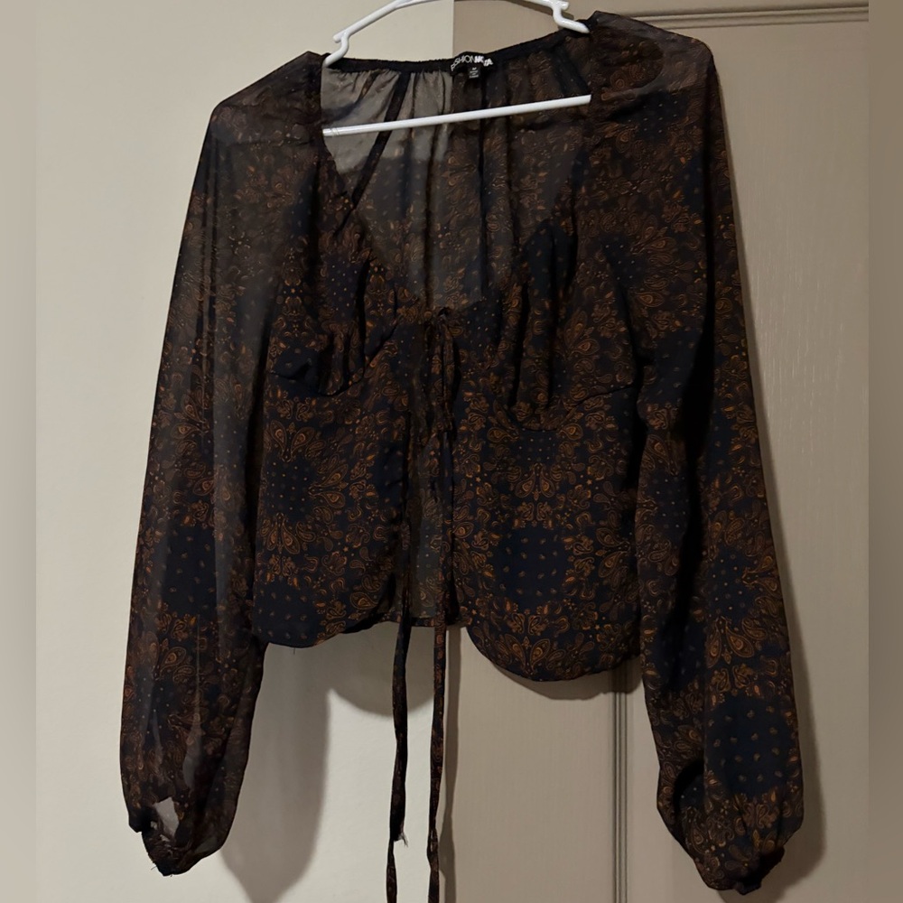 SHEIN Black Sheer Long-Sleeve Tie-Front Blouse with Brown Paisley